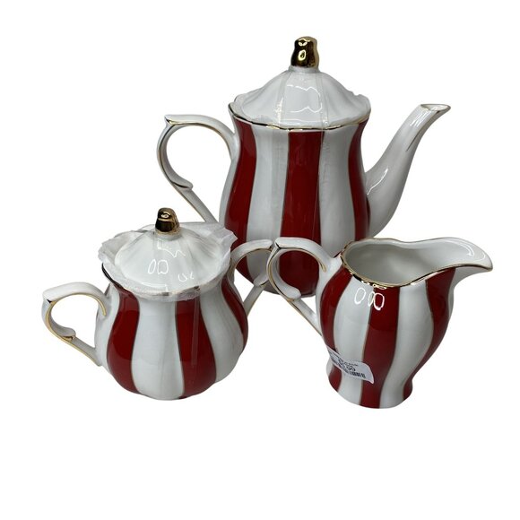 Grace Teaware Red & White Striped Porcelain Tea Set Gold Trim Christmas Decor - Picture 5 of 9